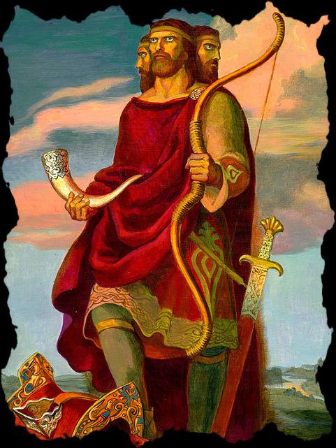 a painting of jesus holding a bow and arrow in his right hand while standing next to another man