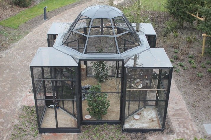 an aerial view of a glass house in the middle of a park with lots of trees