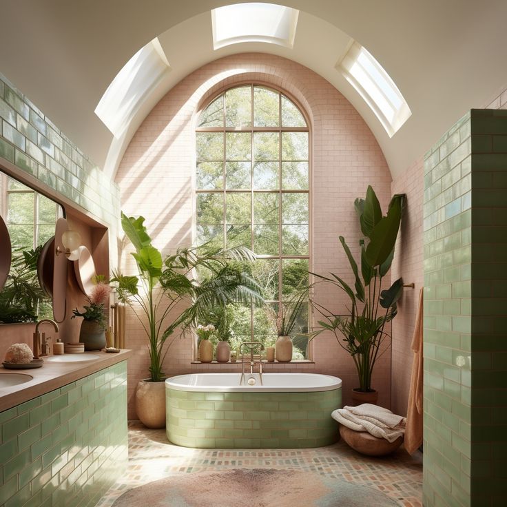 a bath room with a tub a sink and some potted plants on the windowsill