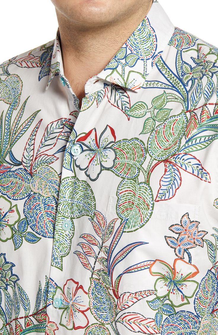 Vibrant tropical flowers light up a cool, casual shirt crafted in America from pure Japanese cotton with a proprietary soft finish. 29" length; 44 1/2" chest (size Medium) Front button closure Spread collar Short sleeves Back yoke Straight hem 100% cotton Machine wash, tumble dry Made in the USA of imported fabric Men's Clothing Tropical Patterned Cotton Shirt, Patterned Cotton Hawaiian Shirt For Spring, Spring Hawaiian Shirt With Hibiscus Print In Cotton, Spring Cotton Hawaiian Shirt With Hibiscus Print, Spring Button-up Shirt With Hibiscus Print, Patterned Cotton Shirt With Tropical Print, Multicolor Floral Print Shirt With Spread Collar, Spring Collared Shirt With Hibiscus Print, Casual Shirt With Hibiscus Print For Spring