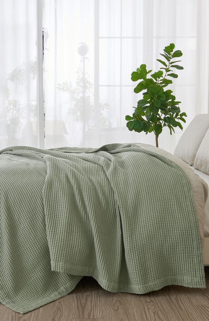 a bed with a green blanket on top of it next to a potted plant