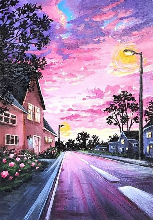 a painting of a street at dusk with houses and trees in the foreground, pink sky