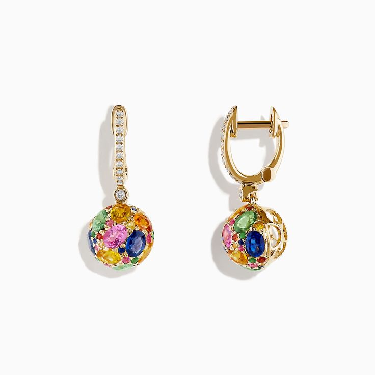 Effy Watercolors 14K Yellow Gold Multi Sapphire Ball Earrings Gold Yellow Sapphire Jewelry With Polished Finish, Multicolor Sapphire Multi-stone Jewelry, Multi-stone Yellow Sapphire Jewelry Gift, Elegant Multi-stone Yellow Sapphire Jewelry, Round Yellow Sapphire Gemstone Jewelry, Multi Sapphire, Ball Earrings, Gold Yellow, Sapphire