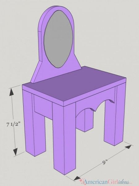 a purple vanity table with a mirror on it and measurements for the stools below