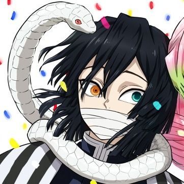 an anime character with a snake wrapped around his neck and wearing a face mask, standing in front of confetti sprinkles