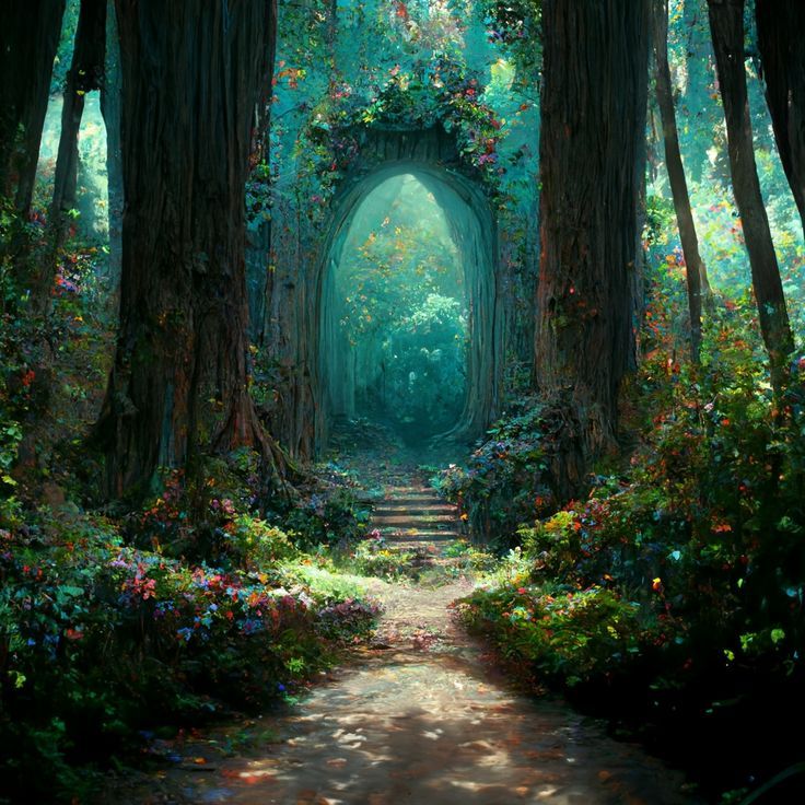 a painting of a forest with stairs leading into the woods and flowers on the ground