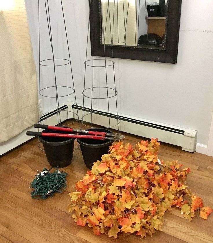 a pile of leaves sitting on top of a hard wood floor next to a mirror