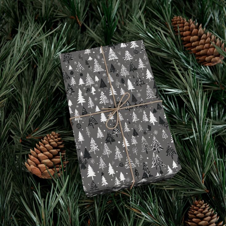 a present wrapped in black and white wrapping paper surrounded by pine cones