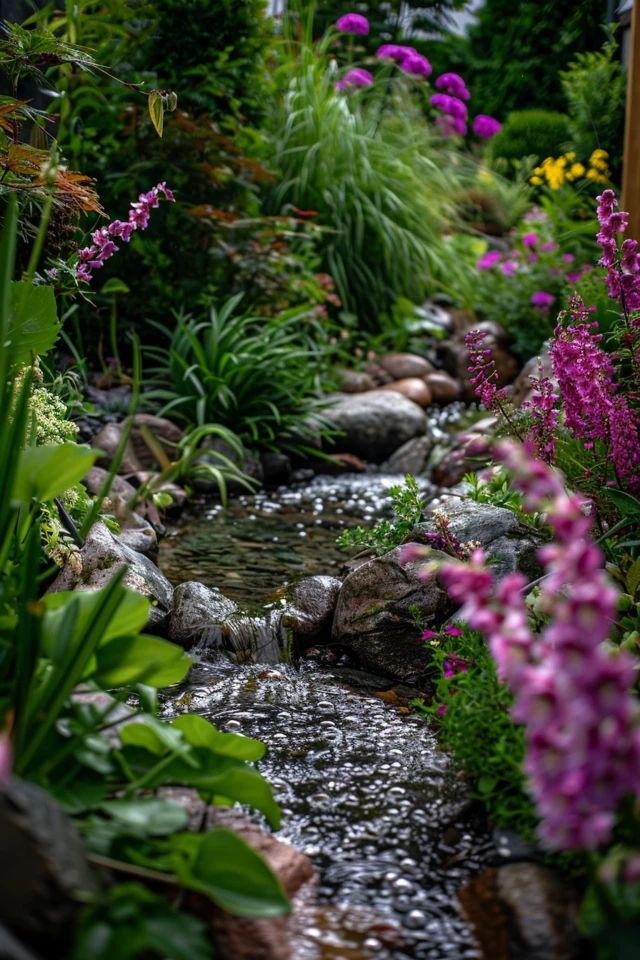 a stream running through a lush green forest filled with lots of purple and yellow flowers