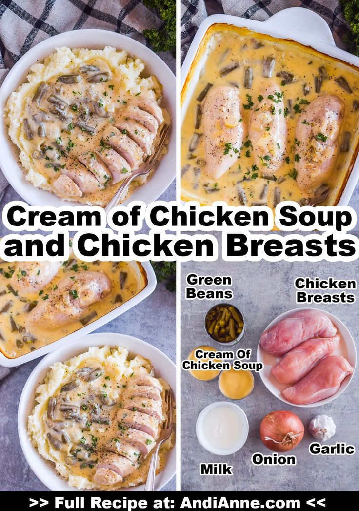 four pictures showing different types of chicken breast and gravy