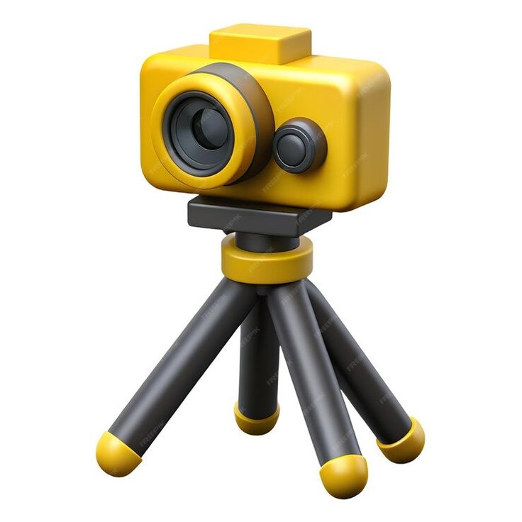 a yellow and black camera sitting on top of a tripod with two eyes closed