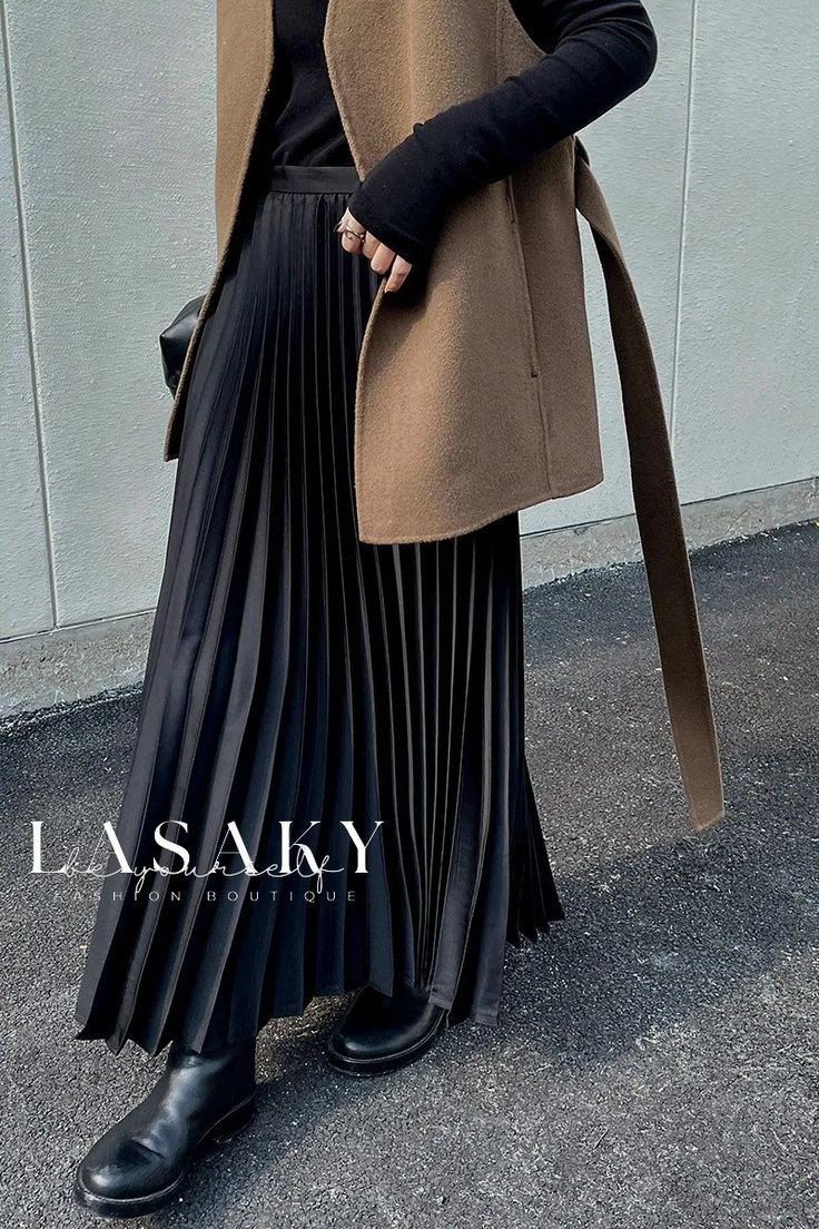 Lasaky - Elegant Pleated Silk Maxi Dress Maxi Pleated Skirt Outfit, Black Long Pleated Skirt, Long Black Pleated Skirt, Black Silk Skirt Outfit, Long Pleated Skirt Outfit, Maxi Skirt Silk, Silk Skirt Outfit, Knife Pleated Skirt, Black Silk Skirt