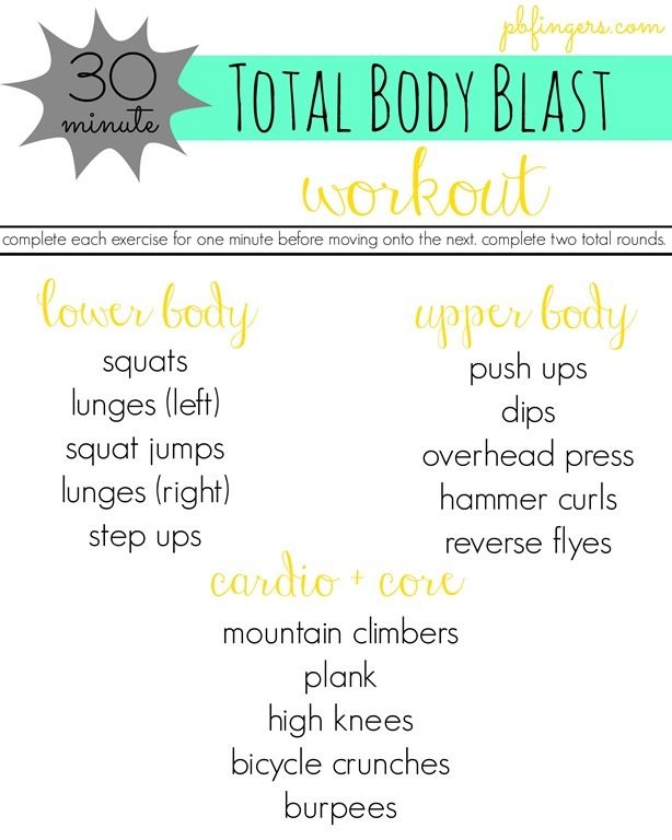 the 30 minute total body blast workout plan is shown in yellow and green with text overlay