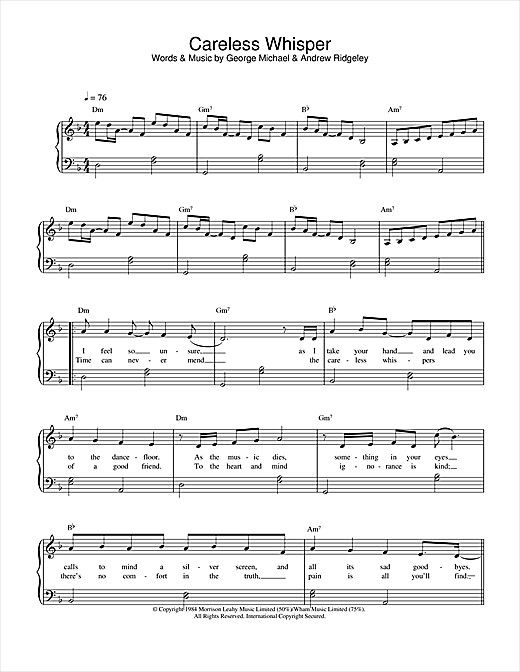 sheet music with the words careless whispers