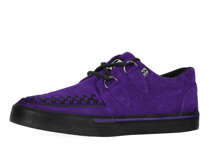 Normal is boring! Get ready to hit the stage or the streets in these vulcanized sneakers that reimagines our former creeper sneaker silhouette with bold & modern twists. Features one of our crowd-pleasing upper styles of purple cow suede with classic D-rings & iconic interlace detailing along the front. The VLK collection features a more streamlined and sleeker look compared to our past creeper sneaker designs. In addition to its' updated form, the vulcanized sneakers have removable insoles with Sneaker Silhouette, Vulcanized Sneakers, Normal Is Boring, Purple Cow, Purple Sneakers, Purple Suede, Suede Sneakers, Sleek Look, Designer Sneakers