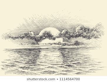 an ink drawing of clouds over the ocean