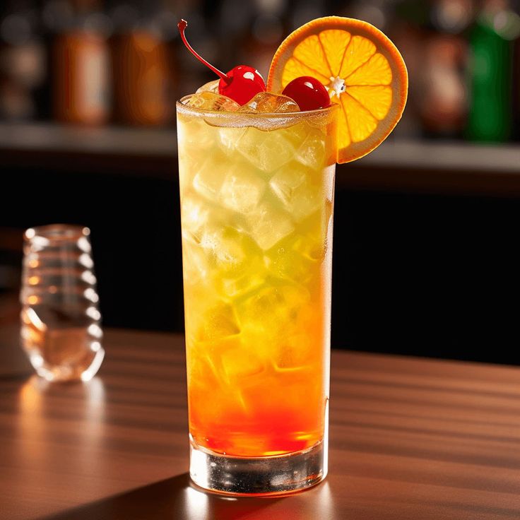 a tall glass filled with an orange and ice drink sitting on top of a wooden table