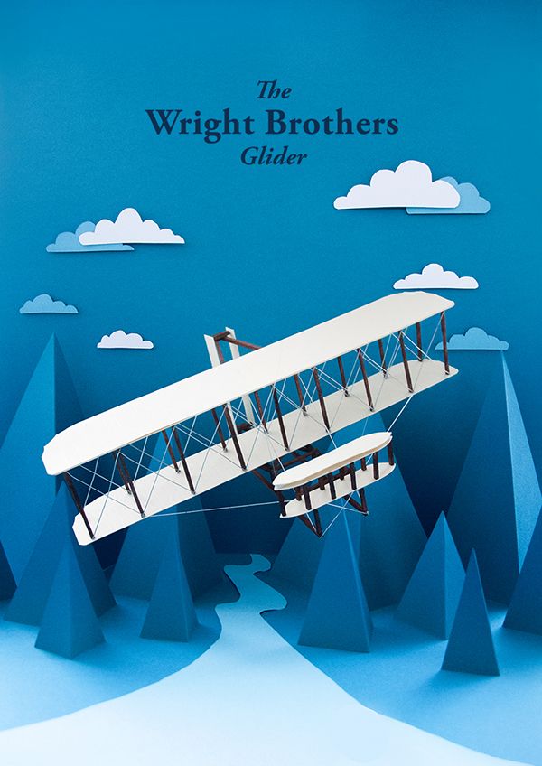 the wright brothers glider poster is displayed on a blue background with white clouds and mountains