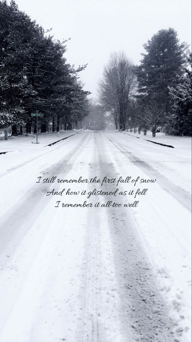 a snowy road with trees and a poem written in the snow on it's side