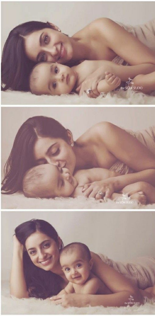 three photos of a woman and her baby laying on a bed together, with the mother's head resting on her child's chest