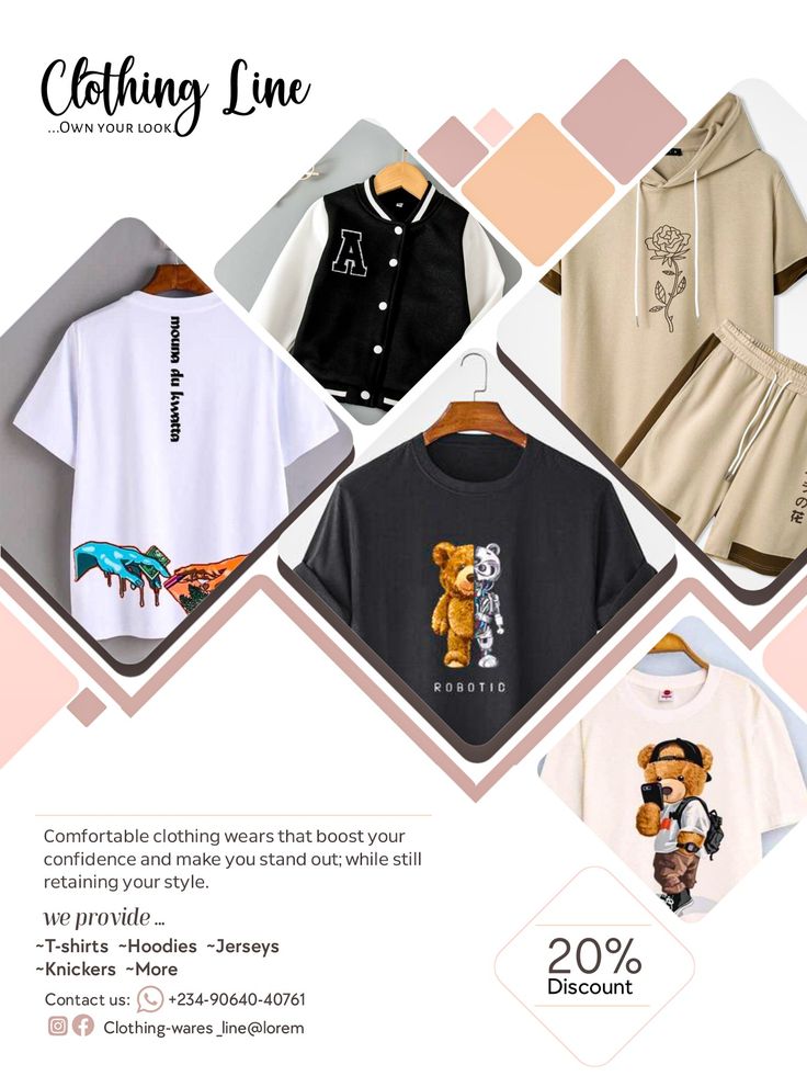 an advertisement for clothing line with images of teddy bears and clothes on hangers in different colors