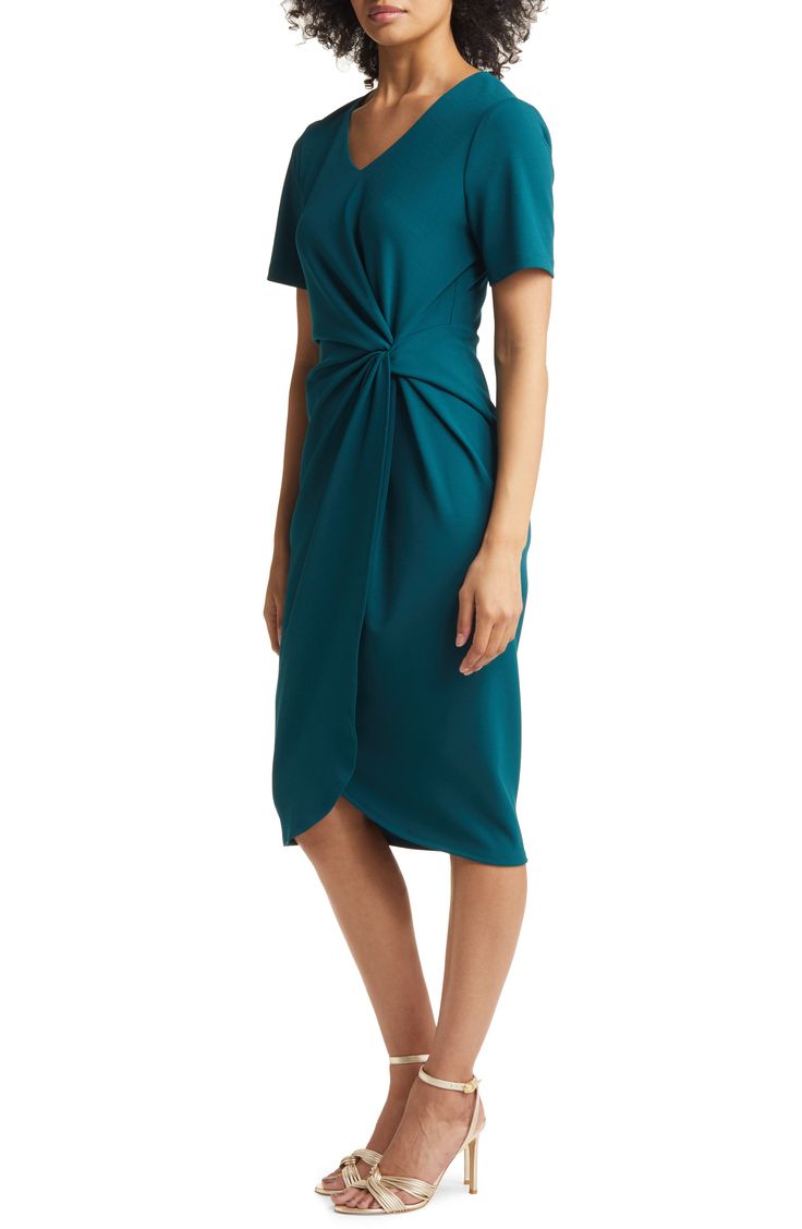 A side knot defines this curve-accentuating dress finished with a tulip-style skirt. 41" length (size 8) V-neck Short sleeves 96% polyester, 4% elastane Dry clean Imported Side Knot Dress, Knot Dress, Stretch Crepe, Style Skirt, Anniversary Sale, Nordstrom Dresses, Fashion Advice, Skirt Fashion, Size 16