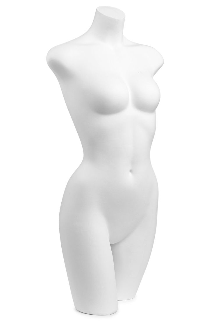 a white female mannequin is standing on a white base and has no shirt