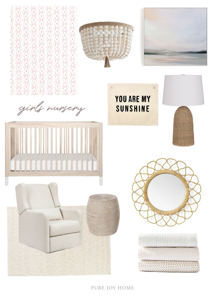 a baby's nursery mood board with white furniture and accessories