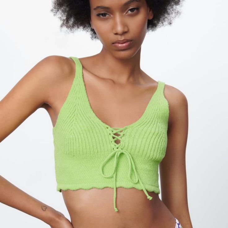 Brand New With Tags Trendy V-neck Crochet Top For Spring, Green V-neck Knit Top For Summer, Chic Green Knit Top For Spring, Beach V-neck Top With Drawstring, Casual Beach Tops With Tied Details, Casual Tied Tops For Beach, Knit Tops For Casual Beach Wear, Trendy Knit Tops For Summer, Spring Beach Crop Top With Drawstring