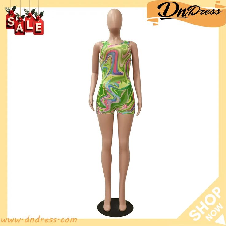 Fashion Printed Casual Slim-fit Jumpsuit Trendy Fitted Sleeveless One Piece, Green Fitted Sleeveless Bodysuit, Fitted Sleeveless Green Bodysuit, Trendy High Stretch Summer Unitard, Green High Stretch Jumpsuit For Summer, High Stretch Green Jumpsuit For Summer, Sleeveless Multicolor Fitted Bodysuit, Fitted Multicolor One-piece For Spring, Fitted Multicolor One Piece For Spring