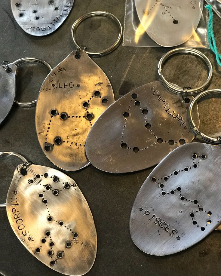 several metal pieces with holes and writing on them