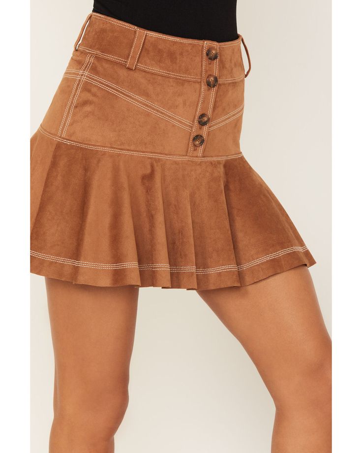 Shyanne Women's Faux Suede Ruffle Skirt, Brown Chic Pleated Skirt With Flared Hem, Fitted Bottoms With Ruffle Hem For Fall, Fall Pleated Tiered Mini Skirt, Fitted Brown Tiered Mini Skirt, Chic Fall Skirt With Ruffle Hem, Fitted Brown Bottoms With Ruffles, Chic Flared Skort With Ruffle Hem, Chic Skort With Ruffle Hem, Fitted Pleated Mini Skirt With Ruffles