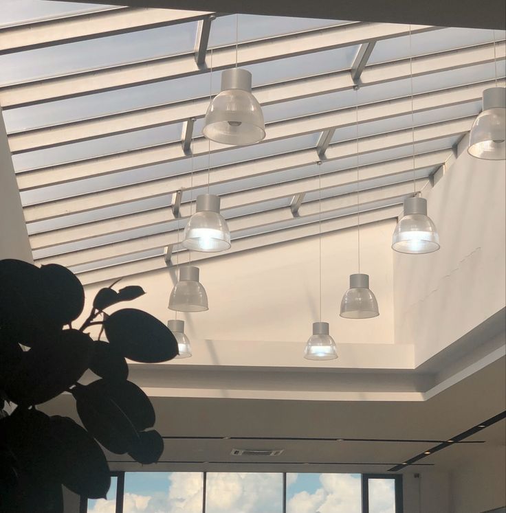 a room with several lights hanging from the ceiling and some plants in front of large windows