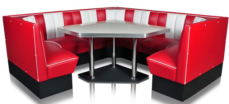 red and white booth seating with round table