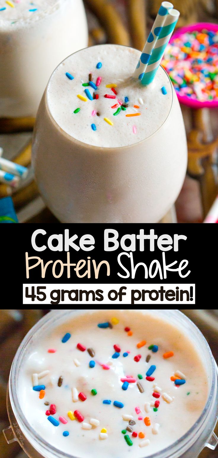 cake batter protein shake with sprinkles on top