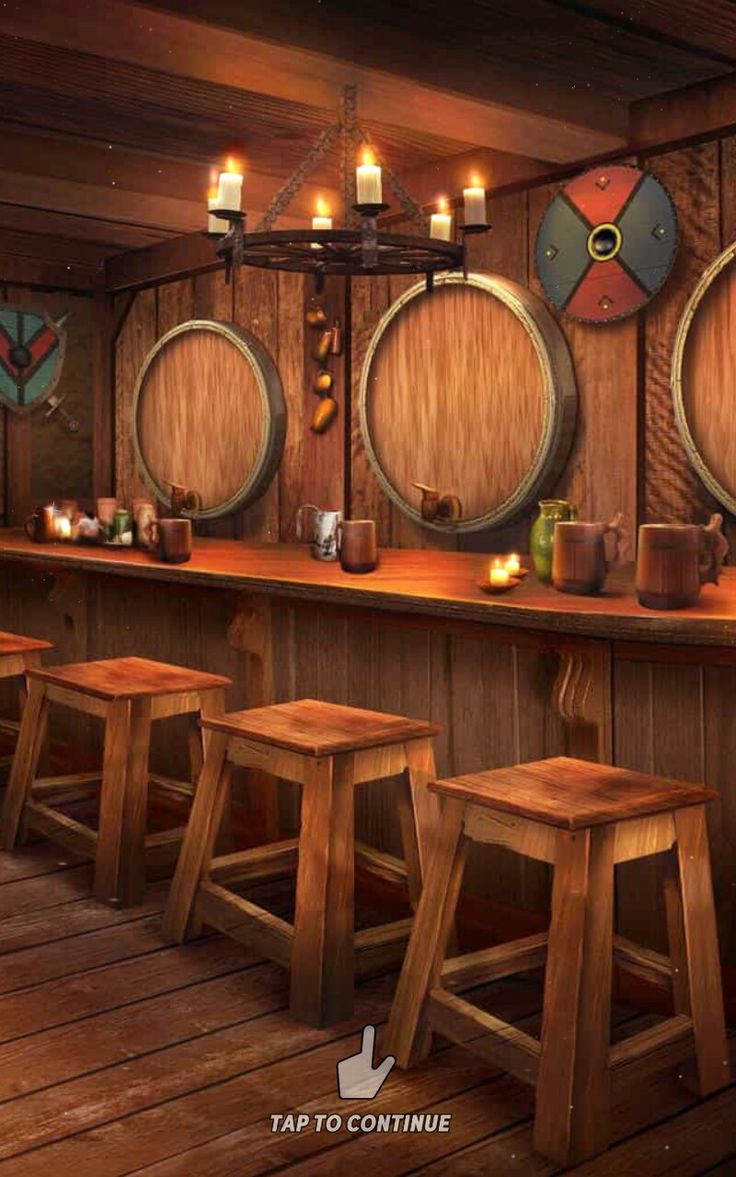 a row of wooden stools in front of a bar with barrels on the wall