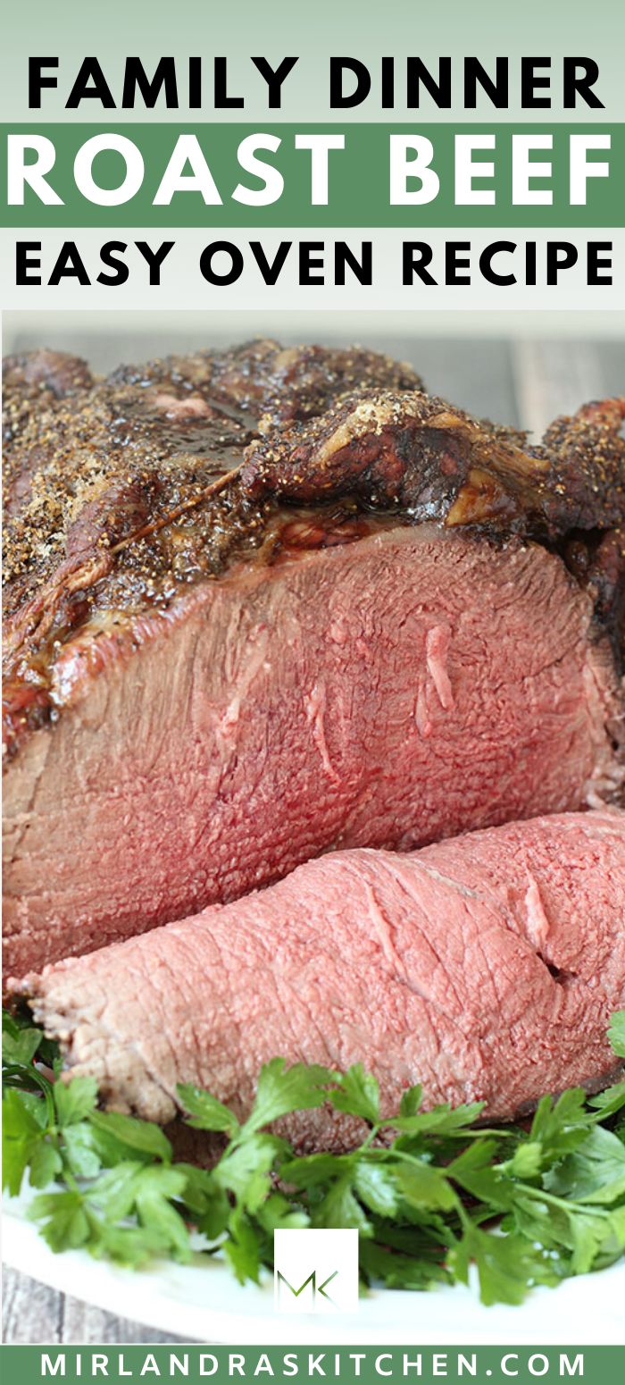 roast beef on a plate with parsley garnish and text overlay reading family dinner roast beef easy oven recipe