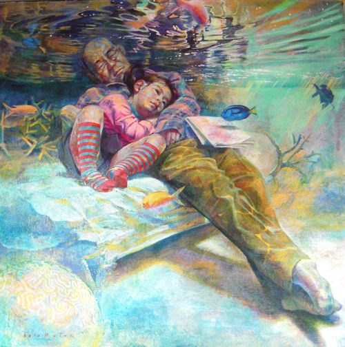 a painting of two people laying on top of each other in the water with fish around them