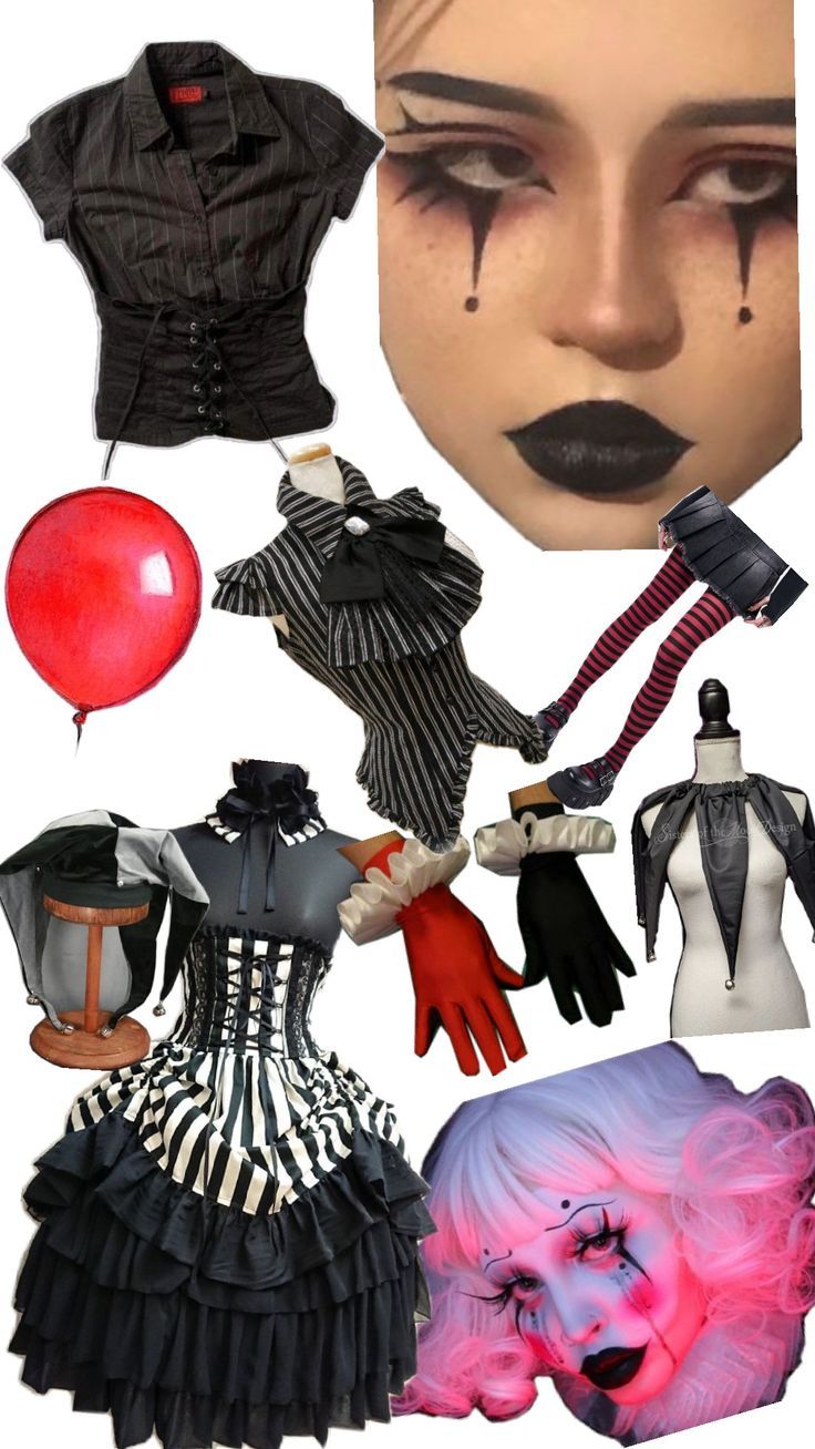 a collage of different costumes and accessories including a woman's face with blood on it