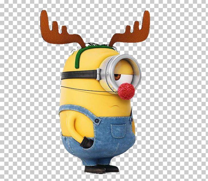 a minion with reindeer antlers on his head, wearing overalls and holding a camera