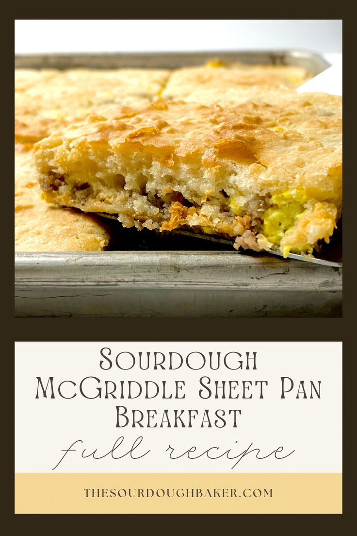 a close up of food in a pan with the title text overlay reads sourdough mcgridle sheet pan breakfast