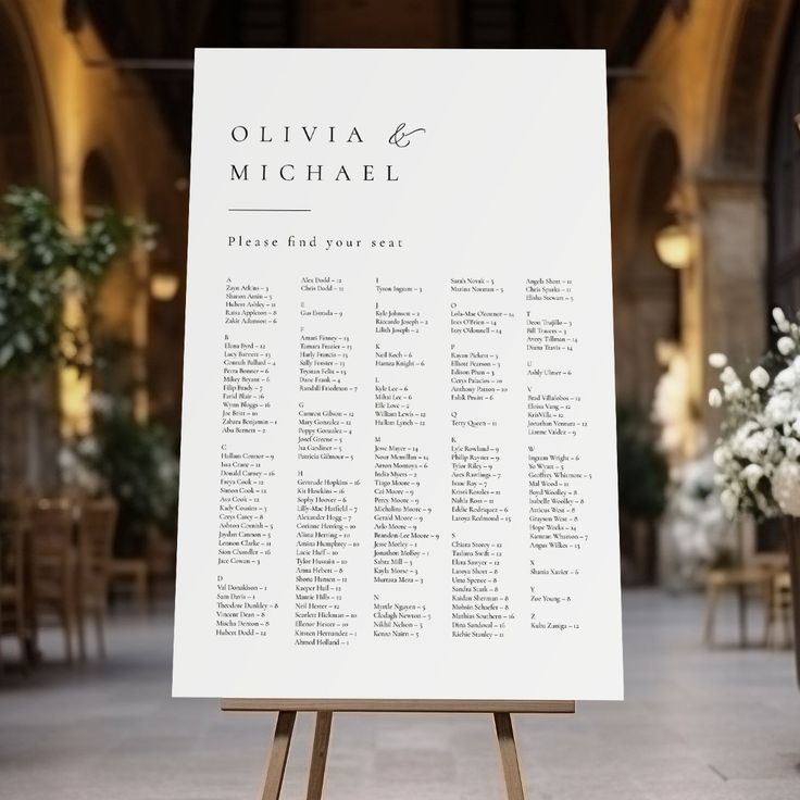 the seating chart for an event is displayed on a easel