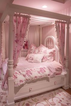 a pink bedroom with four poster bed and floral bedspread on the bottom floor