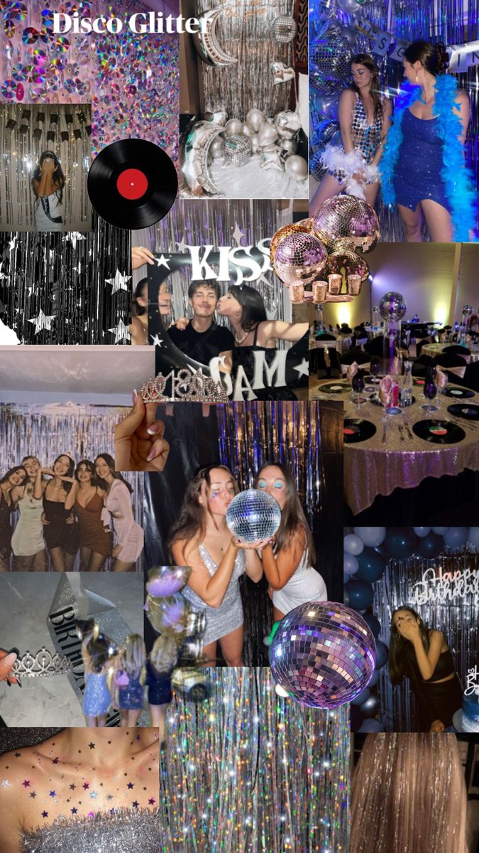 the collage shows many different types of party decorations and people at a disco ball