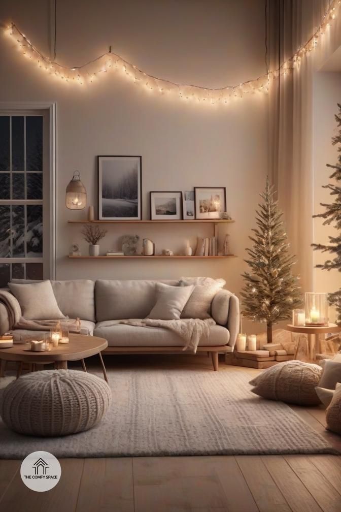 a living room filled with furniture and christmas lights