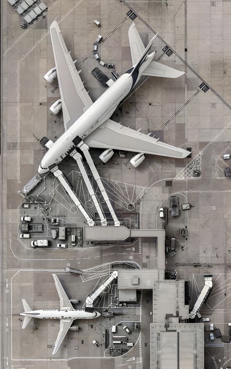 an aerial view of several airplanes on the tarmac