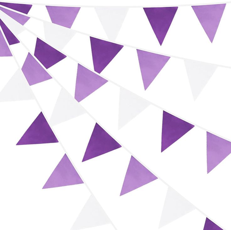 purple and white paper buntings are hanging in the air on a white background