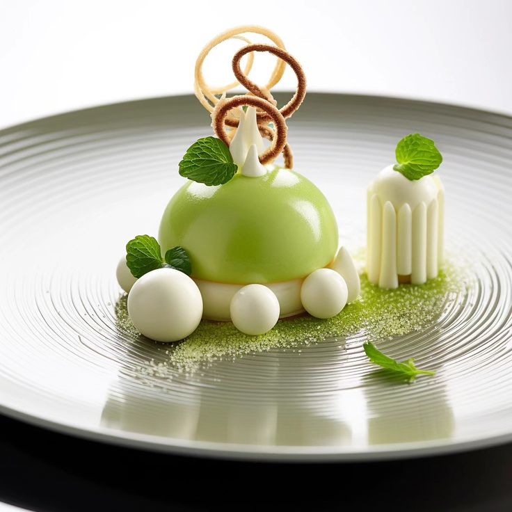 a green dessert on a white plate with mint garnish