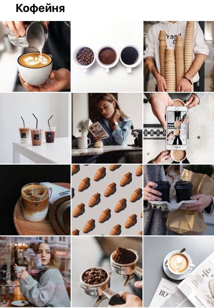 the collage shows different types of food and drinks, including coffees, donuts,