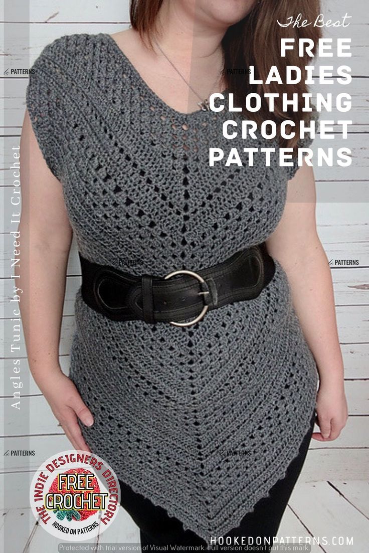 a woman wearing a gray crochet top and black pants with text overlay that reads, free ladies clothing crochet patterns